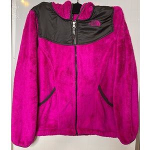 Fuzzy pink The North Face zip-up jacket w/hood, Size 14/16 (kids)